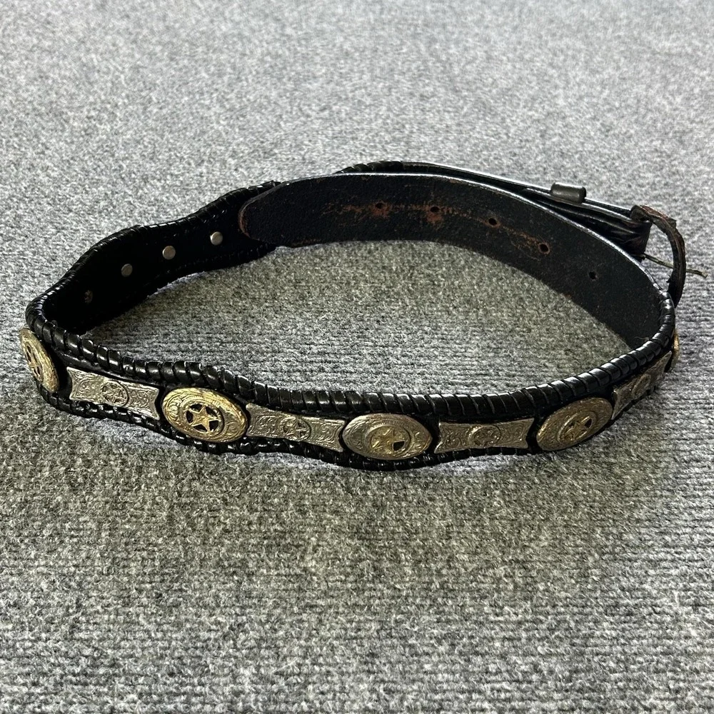 Belt Western Mens Size 34 Black Leather Concho Star Studded Laced Cowboy Vintage